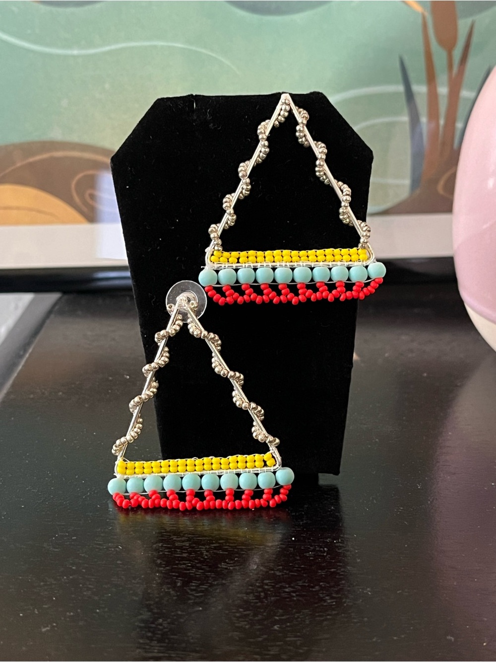 Handmade Colorblock Beaded Triangle Earrings - Yellow, Turquoise & Red - Picture 4 of 4